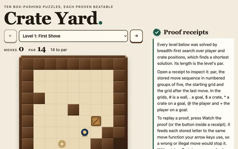 Box-pushing puzzle level with arrow buttons and a Watch the proof button