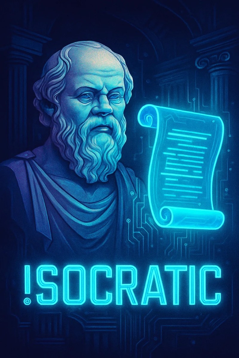 Socratic illustration — collage of question marks and a thinking face