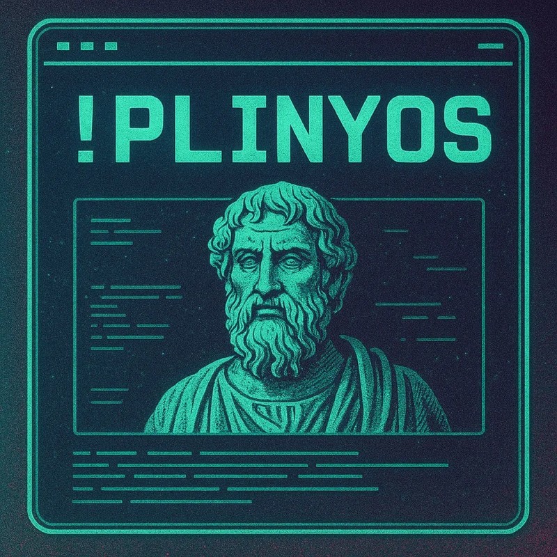 PlinyOS cover — collage of an ancient scroll and a terminal interface