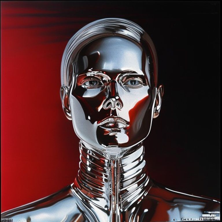 Source-image rendered as a 1978-1981 Kling Klang studio sleeve: chrome and red and black, mannequin-stillness, Russian…