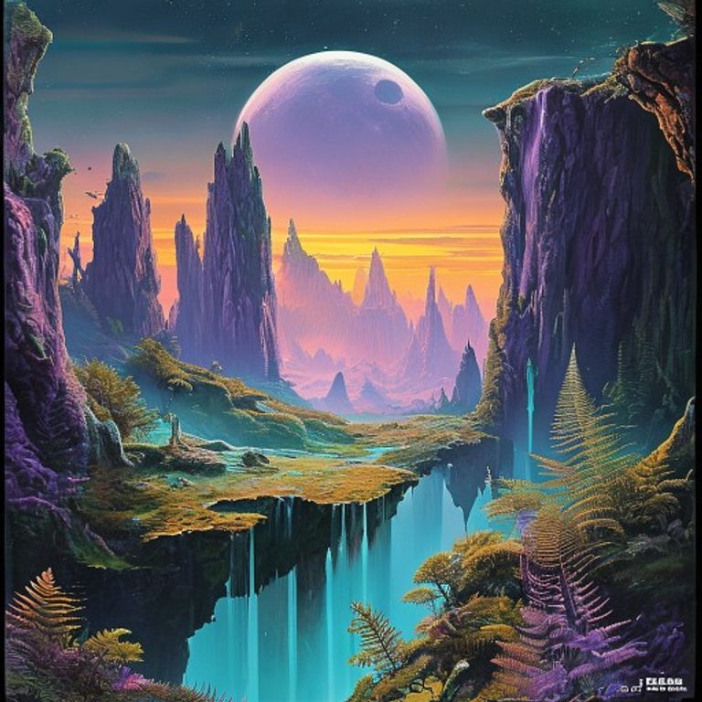 Source-image rendered as a 1972-1978 Roger Dean fantasy landscape sleeve: floating islands, biomorphic architecture, ai…