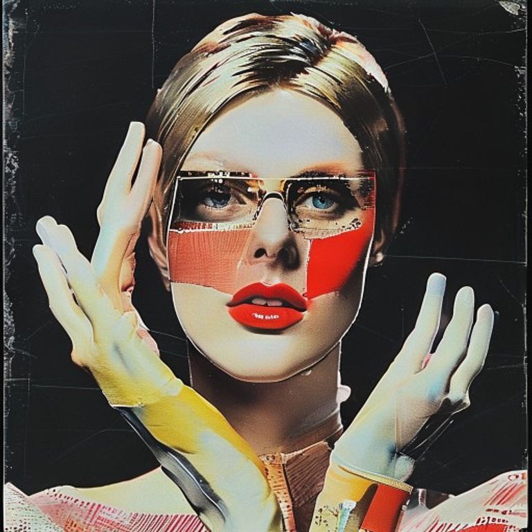 Source-image rendered as a 1977-1980 Linder Sterling photomontage: domestic-appliance heads grafted onto bodies, glossy…