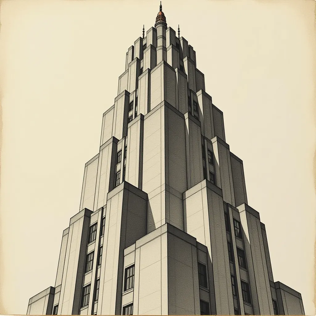 Style register: Manhattan 1920s setback towers rendered as an architect's tonal graphite and ink elevation, vertical ri…