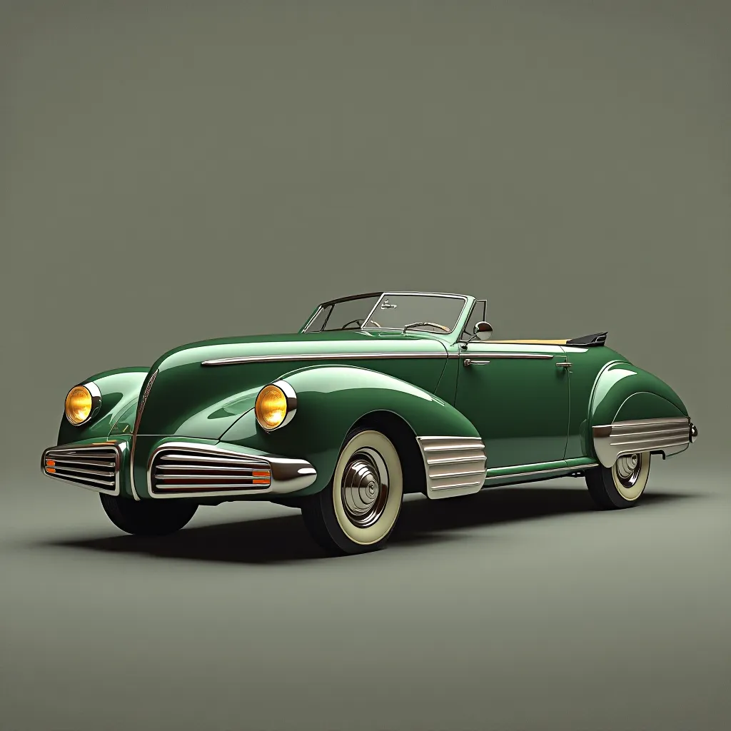 Style register: 1930s streamlining of household and transport surfaces, hand-buffed chromium bands meeting sprayed vitr…
