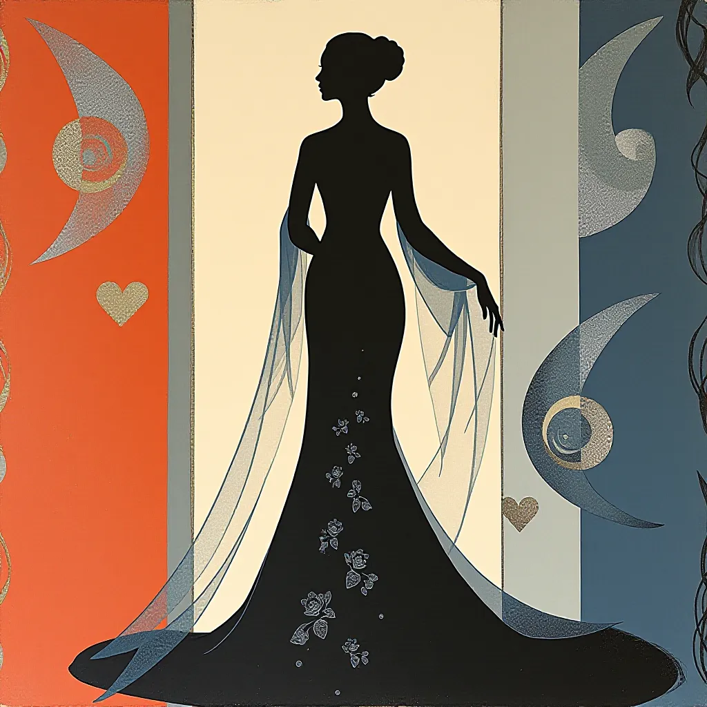 Style register: Erte-era 1920s fashion illustration and hand-colored pochoir plates, long silhouette rhythms and crisp…