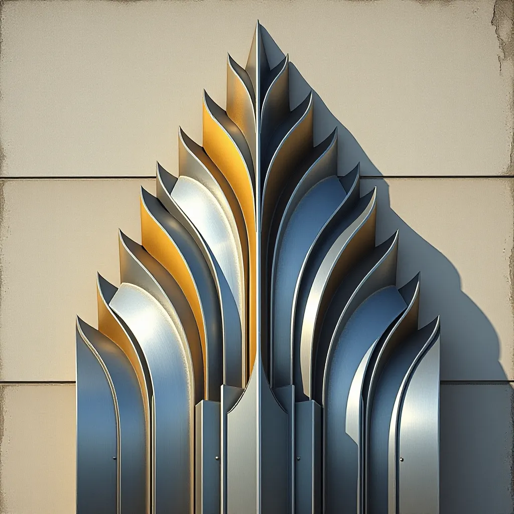 Style register: 1930s New York tower-crown ornament, nested stainless-steel chevrons and ribbed metal over weathered st…
