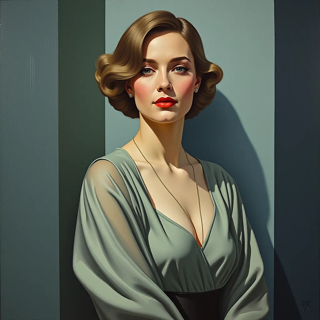 Style register: Tamara de Lempicka's 1920s oil portraits, sculpted planes of skin, folded satin, and cool urban light m…