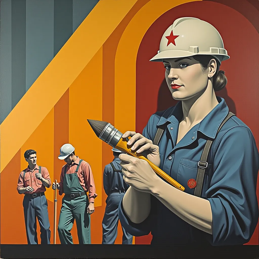 Style register: 1930s American public murals associated with federal arts programs, heroic broad silhouettes and minera…