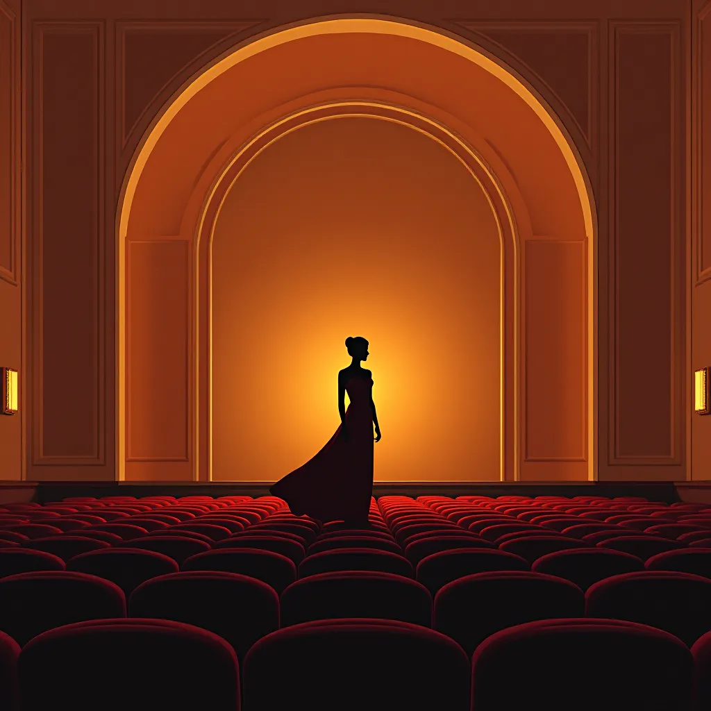 Style register: 1930s cinema-palace interior architecture, cove-lit plaster ribs, velvety upholstery and warm reflected…