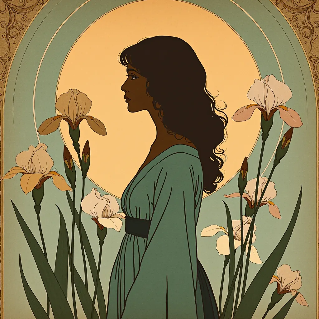 Style register: Alphonse Mucha's 1890s decorative panels, hand-drawn lithographic contours, floral halos, restrained me…