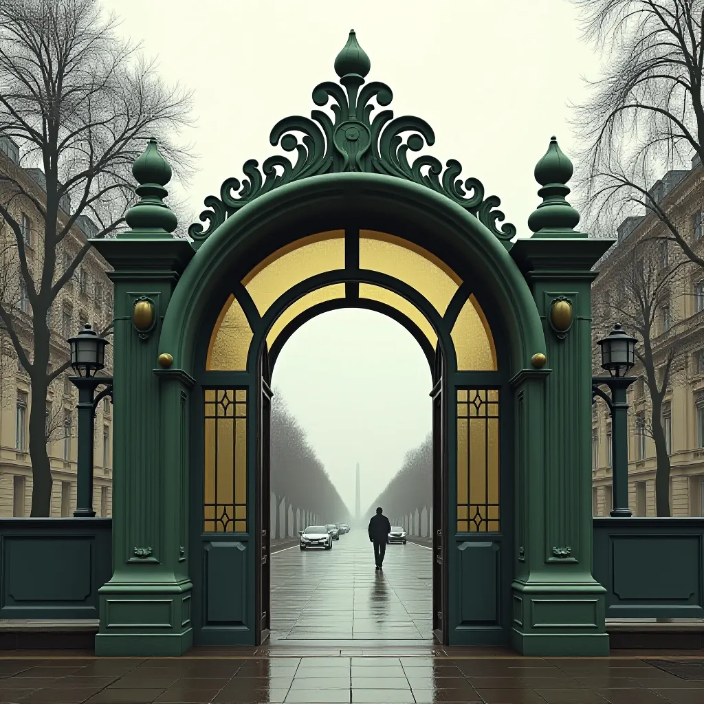 Style register: Hector Guimard's Paris metro entrances, cast-iron vegetal uprights, green enamel, amber glass, and grac…
