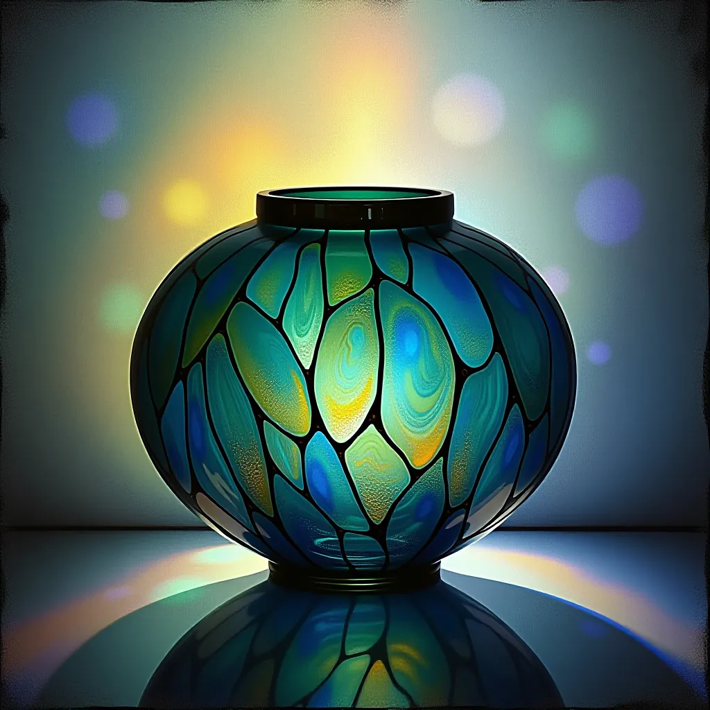 Style register: Louis Comfort Tiffany's iridescent Favrile glass, molten color within translucent forms, wavy furnace m…