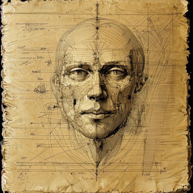 The Renaissance technical sketch: sepia iron-gall ink on aged paper, mirror-script margin notes, geometry as the langua…