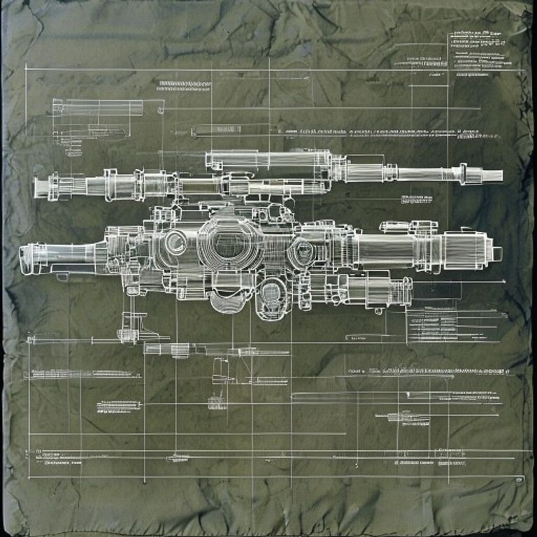 The military ordnance blueprint: white stencil-cut linework on dark olive green or dark blue technical paper, stamped S…