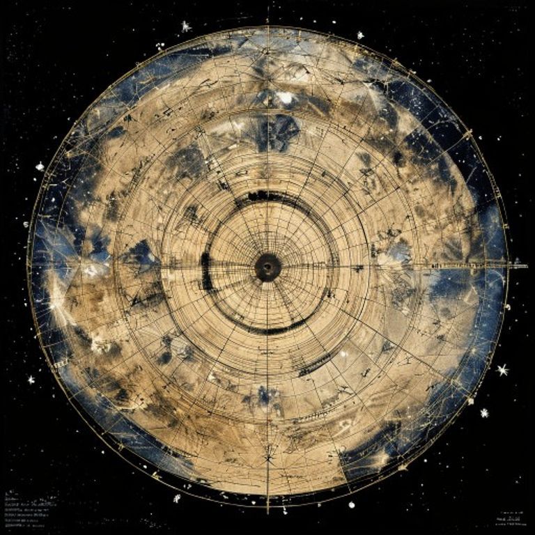 The night sky mapped as navigable territory: constellation lines connecting bright stars, magnitude notation, ecliptic and equatorial lines rendering the celestial sphere as reada…
