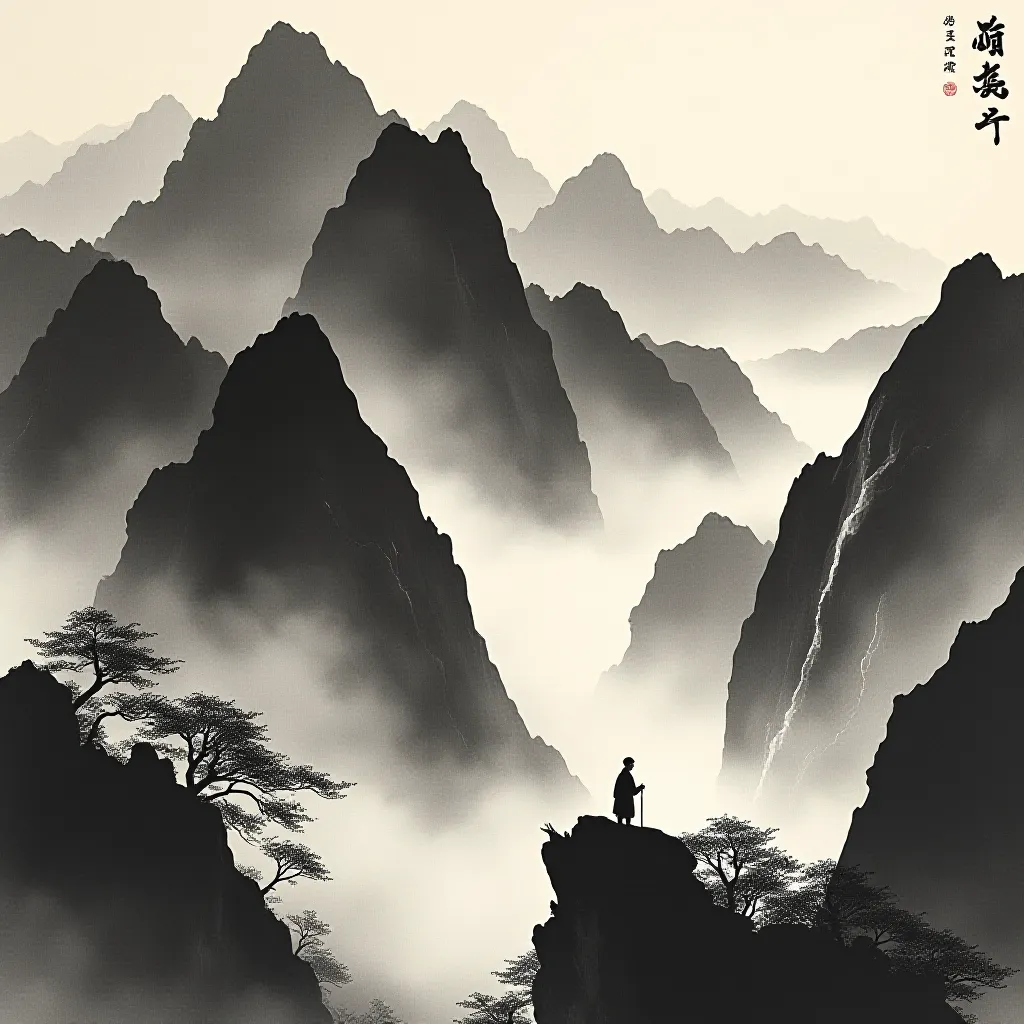 Style register: Northern Song monumental landscape after Fan Kuan, towering ink masses built from layered texture strok…