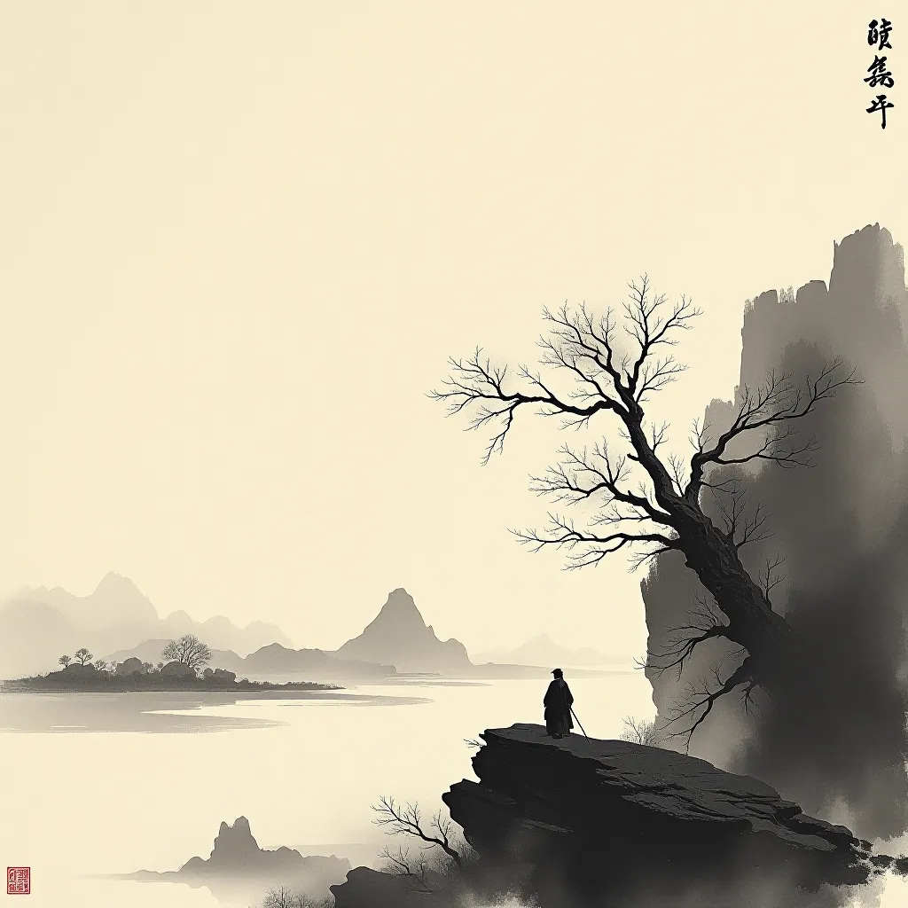 Style register: Ma Yuan's Southern Song one-corner grammar, concentrated ink in one portion of the picture and expansiv…