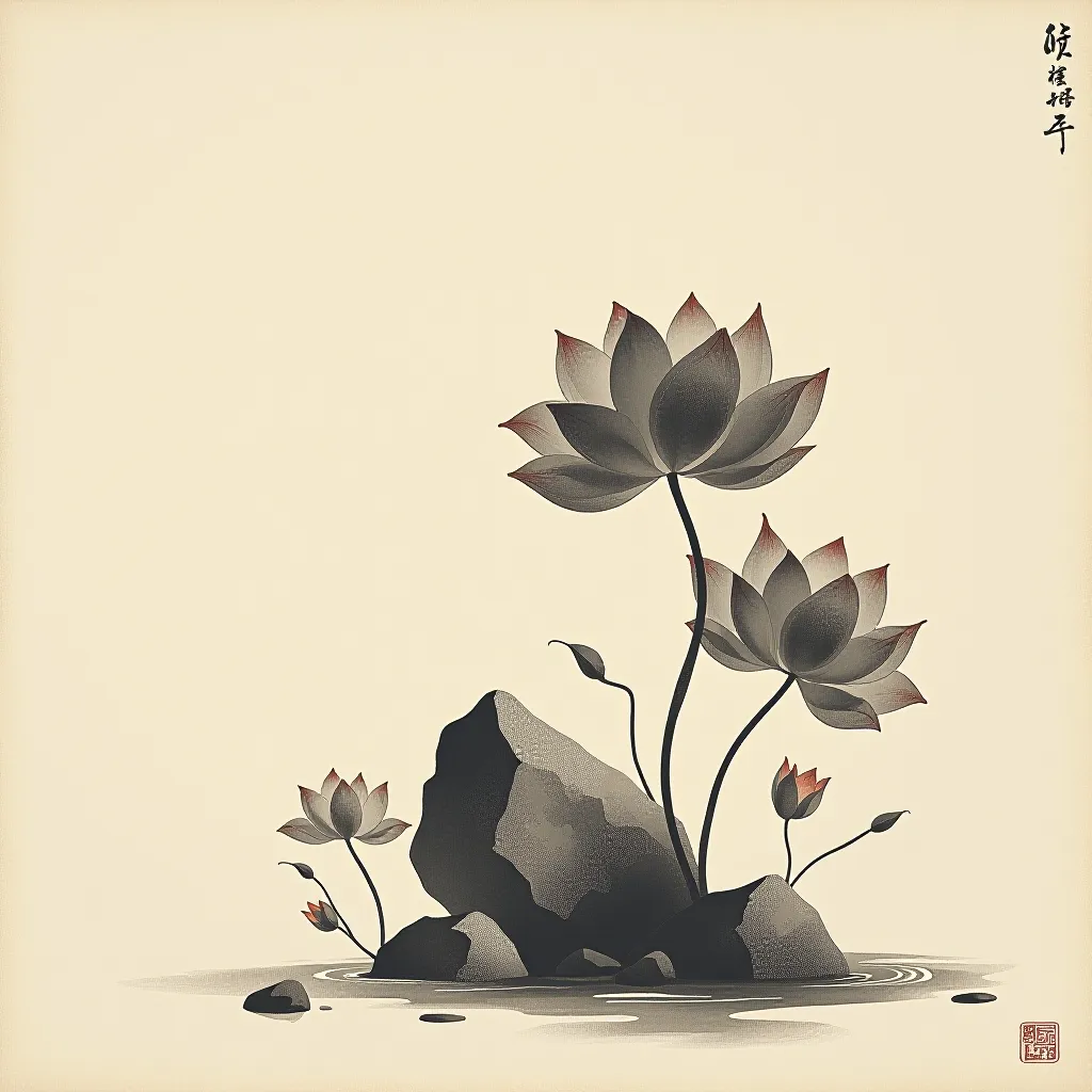 Style register: Bada Shanren's sparse lotus stems and eccentric rocks, a few isolated forms in unstable balance against…