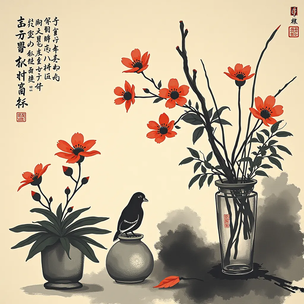 Style register: Qi Baishi's direct brush treatment of vegetables, blossoms, tools, and everyday garden objects, balanci…