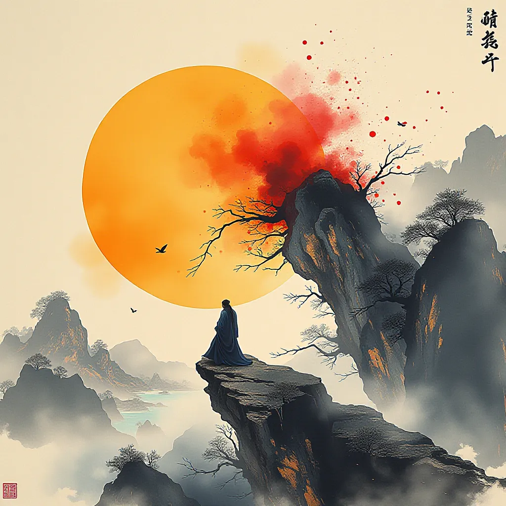 Style register: Zhang Daqian's pocai splashed-color landscapes, dense mineral blue and malachite green flowing across d…