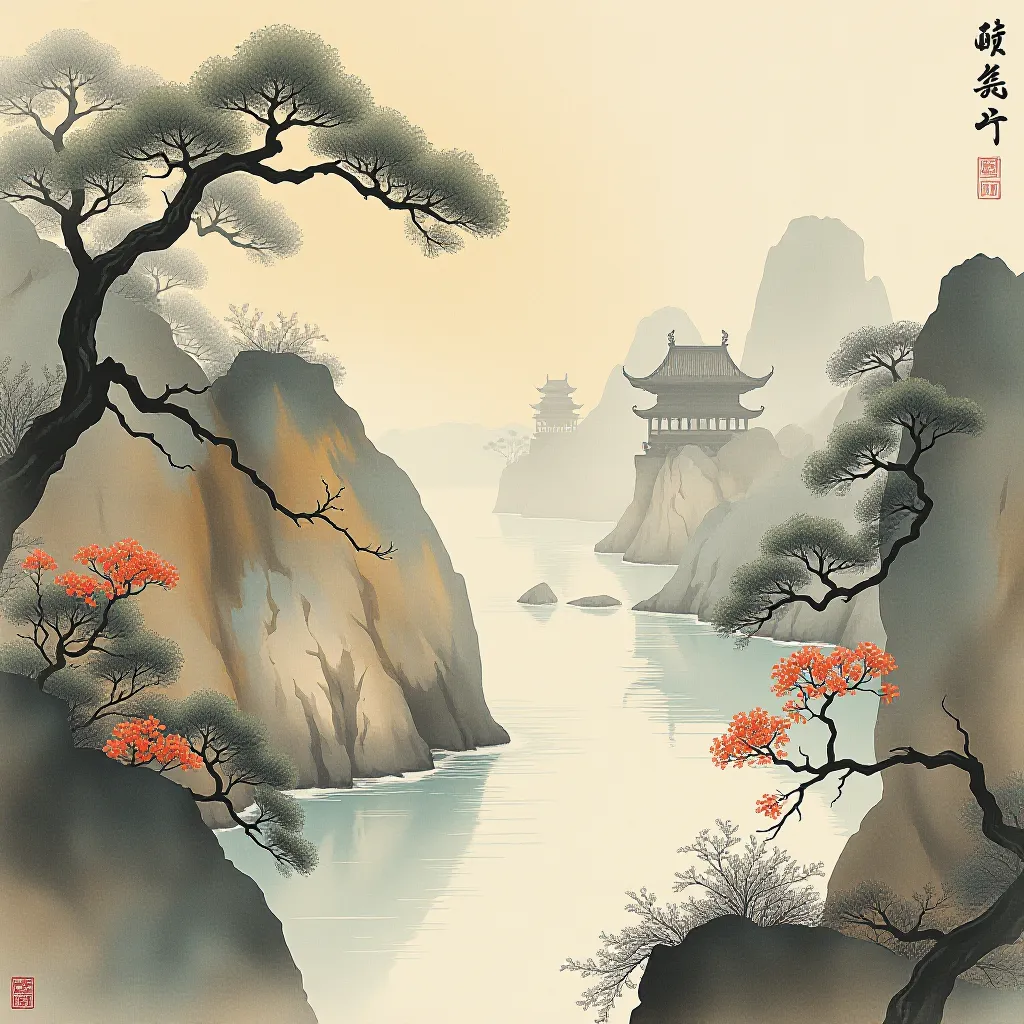 Style register: Lingnan school's early modern synthesis of observed light, ink outline, and translucent color washes ov…