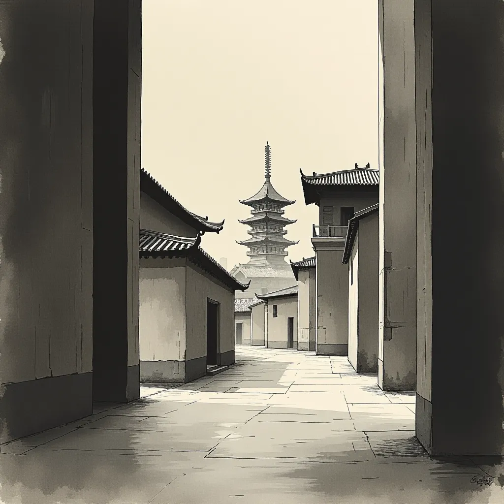 Style register: Chinese architectural handscroll viewing, successive ink planes and ruled-line structural detail emphas…