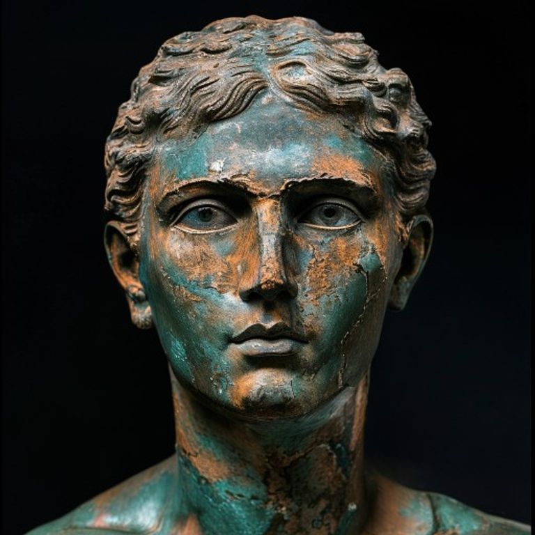 The Hellenistic bronze portrait, the metal that survived because it oxidized into armor. Deep green verdigris covers th…