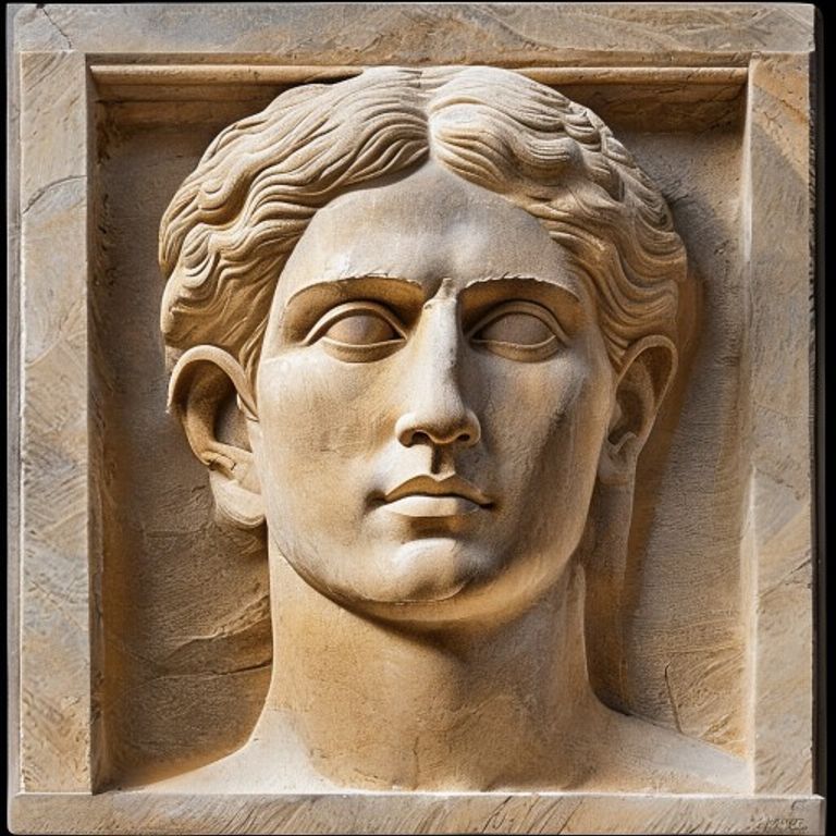 The classical relief portrait set into an architectural frieze, the profile frozen into sandstone or limestone as part…