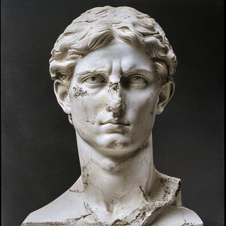 The unfinished Michelangelo, the figure emerging from the raw marble block, the body only partially liberated. The fron…