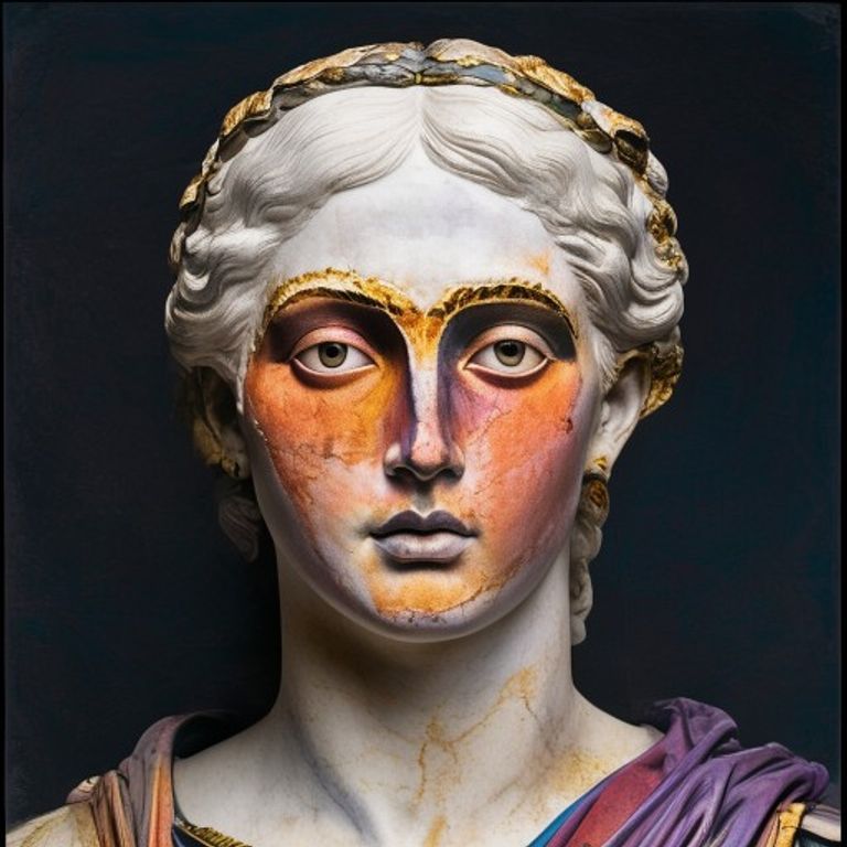 The classical sculpture was never white. It was painted in garish colors: the lips red, the eyes inlaid or painted, the hair gilded, the garments detailed in purple and gold. Muse…