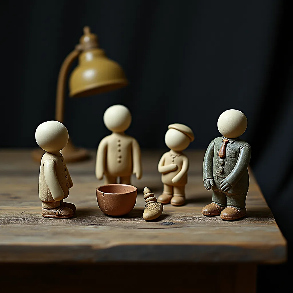 Style register: Czech surrealist material theater, where kneaded clay meets used household objects under stark practical light.