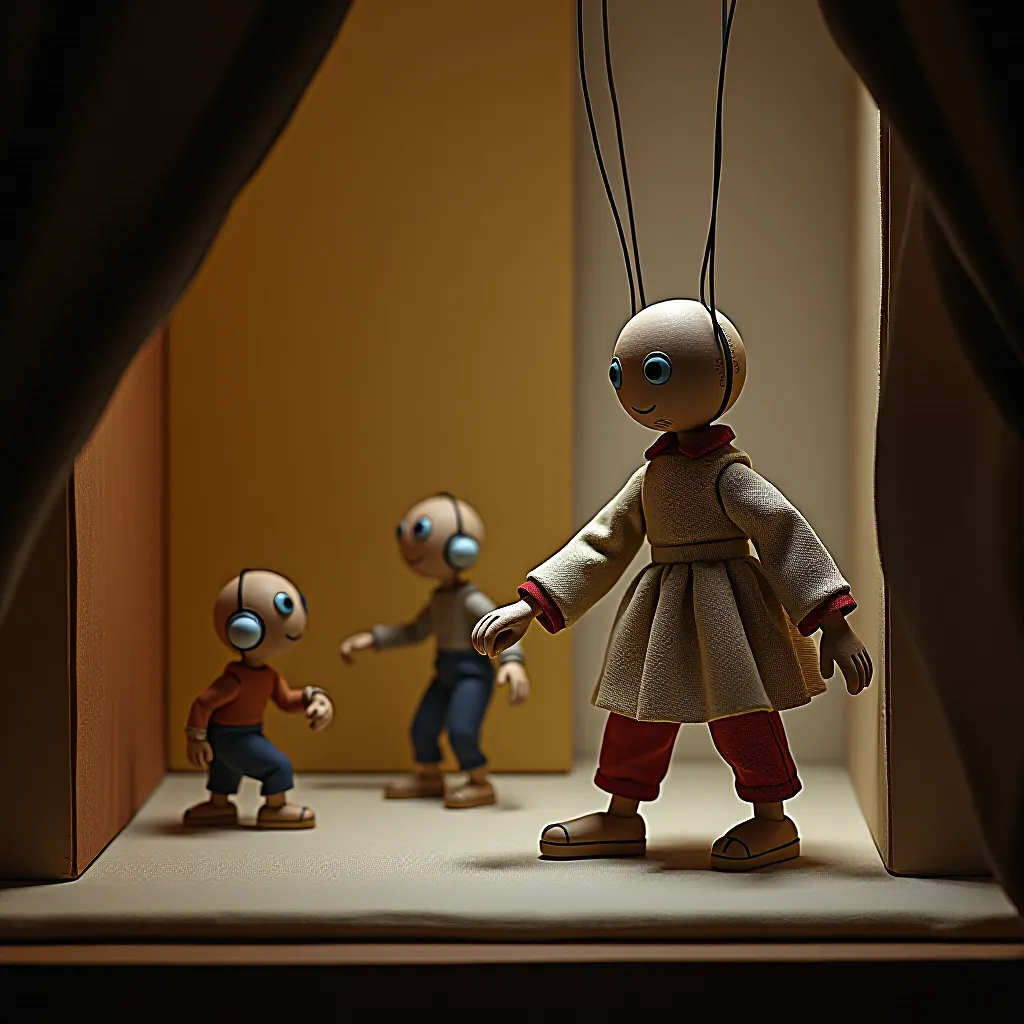 Style register: Eastern European puppet theater in the orbit of Jiří Trnka, wood-and-cloth armatures brought into conta…