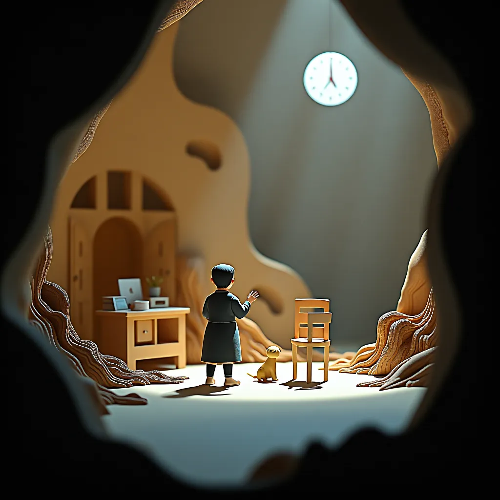 Style register: European mixed-media stop-motion theater, scissor-cut scenery beside sculpted clay volumes, with real s…