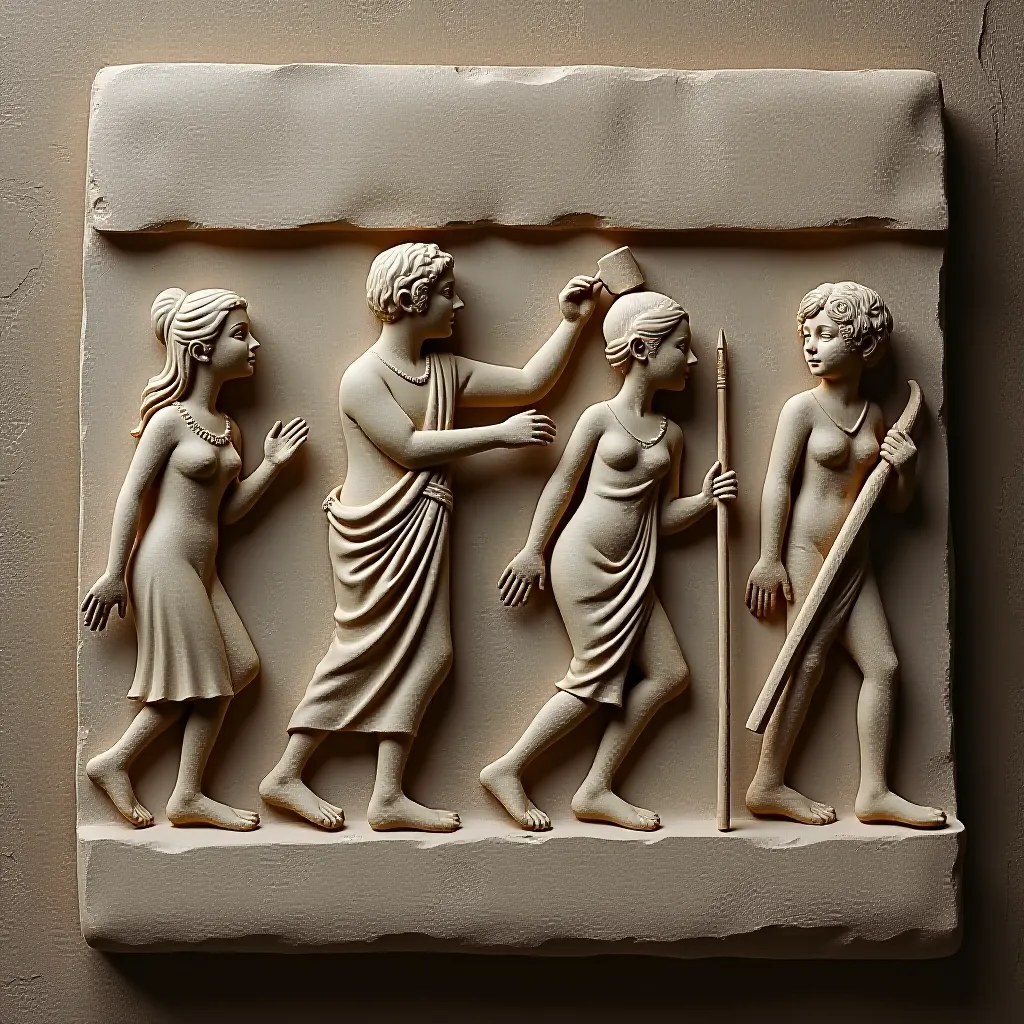 Style register: hand-pressed clay bas-relief translated through stop-motion lighting, shallow sculpted depth, scrape ma…