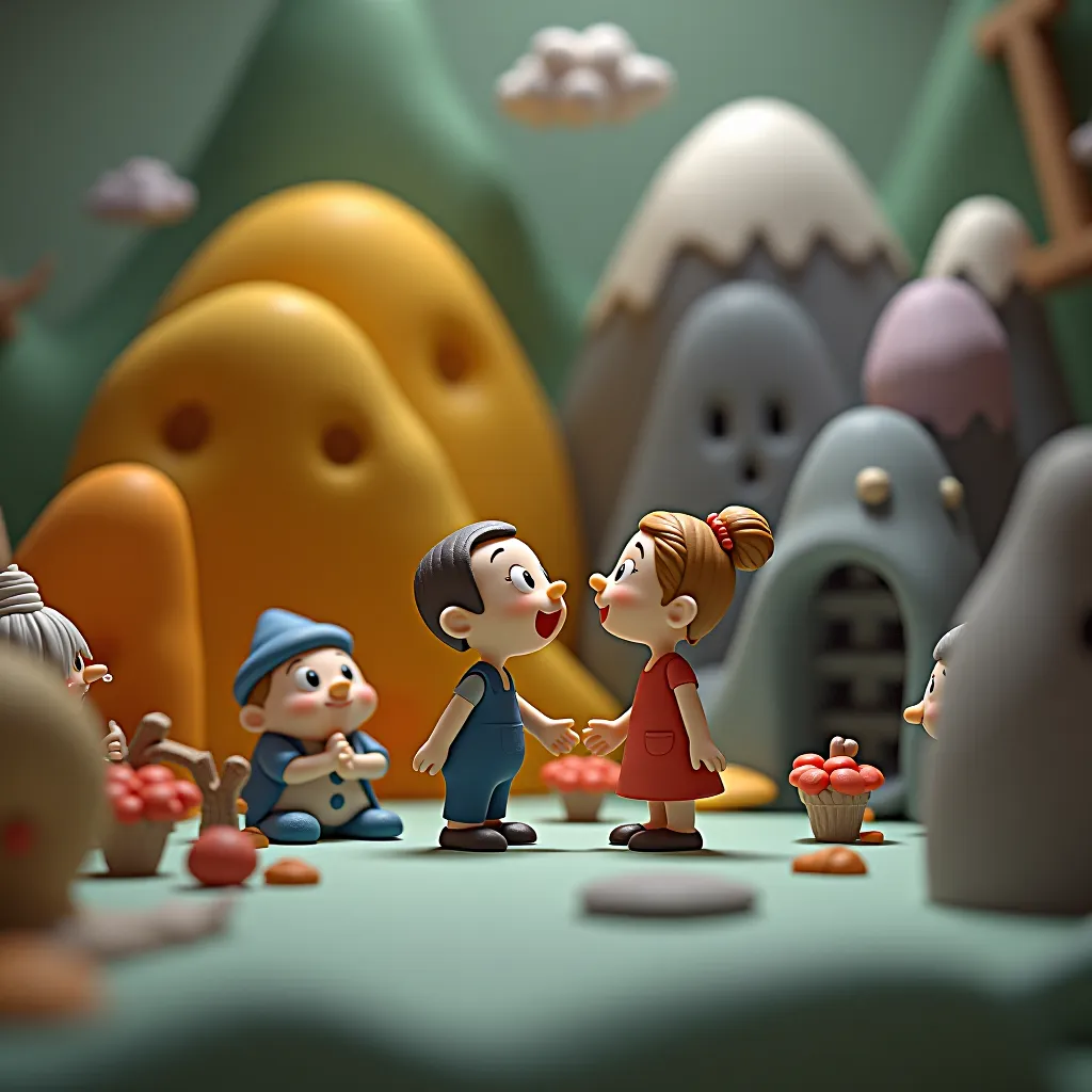 Style register: playful British stop-motion clay craft, chunky thumb-built forms and warmly expressive shape language,…