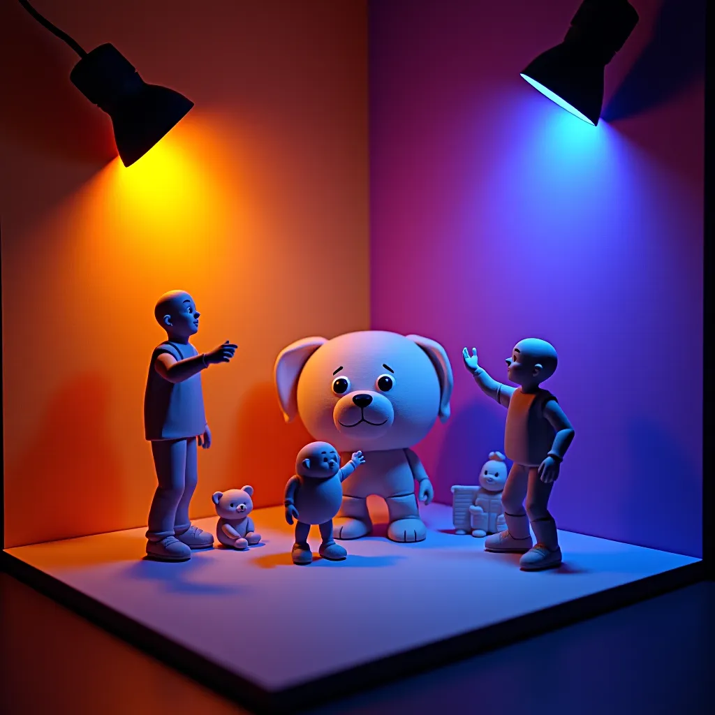 Style register: stop-motion clay figures on a bent-card cyclorama, practical colored gels and falloff exposing the ligh…