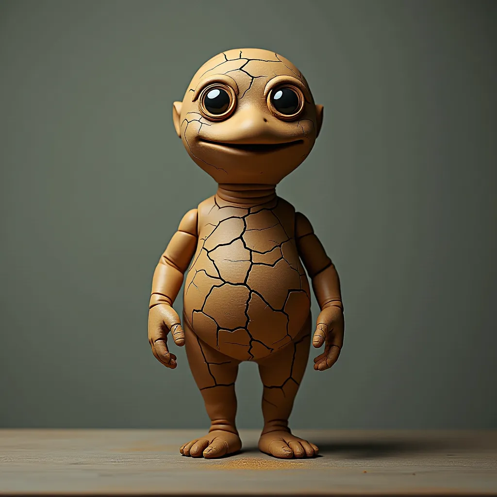 Style register: replacement-animation miniatures made from dried and repaired clay, hairline cracks beside newer hand-p…