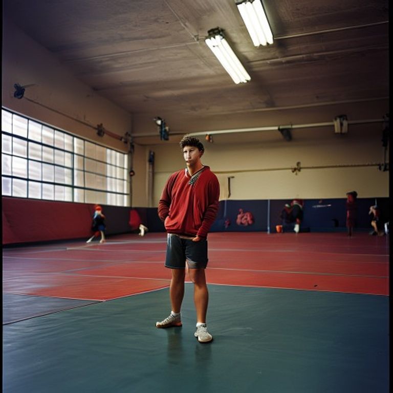 A wrestling coach standing arms-crossed on the edge of a worn red practice mat, watching a partner-drill grind under fl…