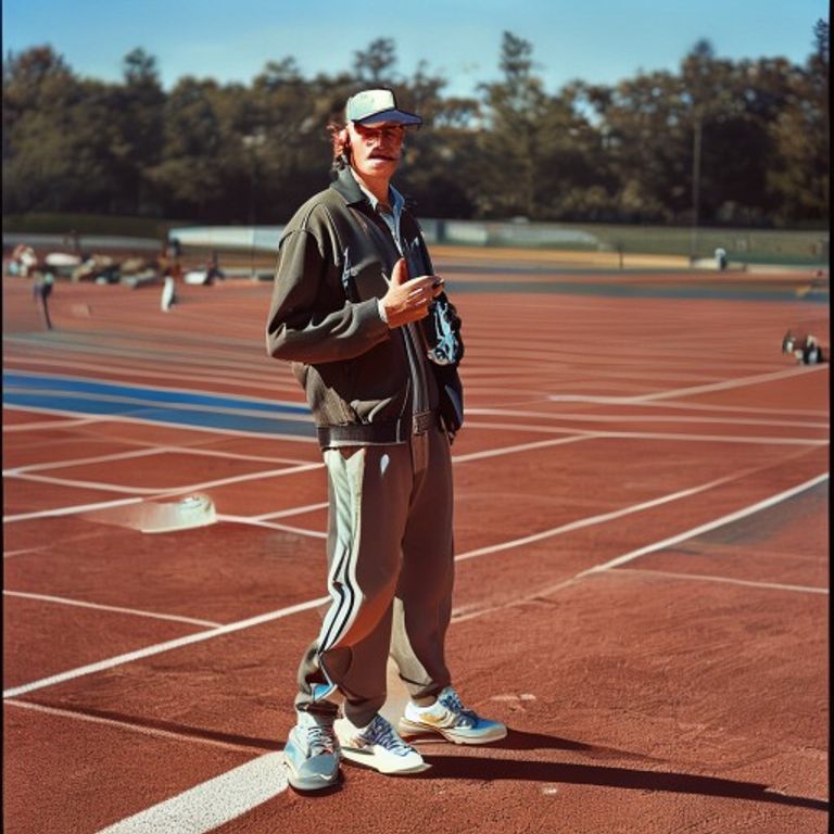 A track-and-field coach standing trackside at the finish line, mechanical stopwatch in one hand, clipboard tucked under…