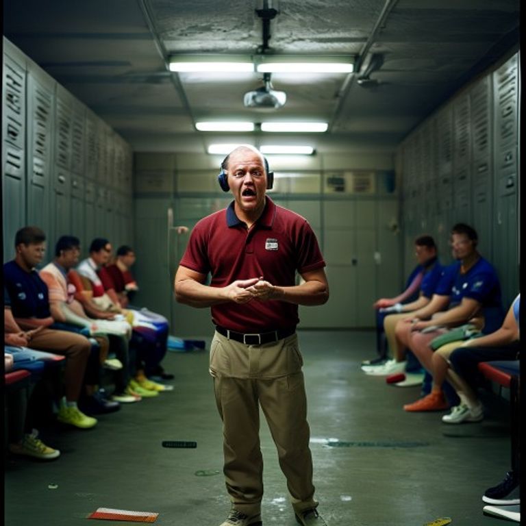 A coach standing in the center of a fluorescent-lit locker room at halftime, players seated around in jerseys and pads,…