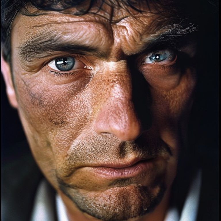 A coach's face rendered in extreme close-up, eyes fixed on a player with the intensity that made champions. The stare t…