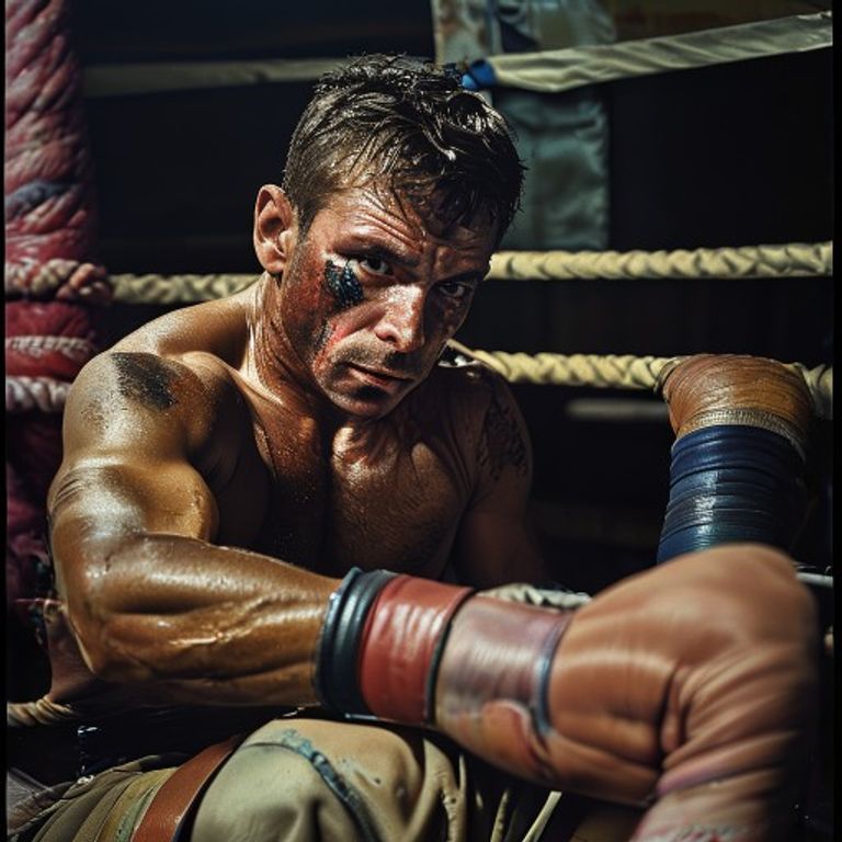 A cornerman or cutman rendered in the sixty seconds between rounds, hands working on a fighter's face, the urgent repai…