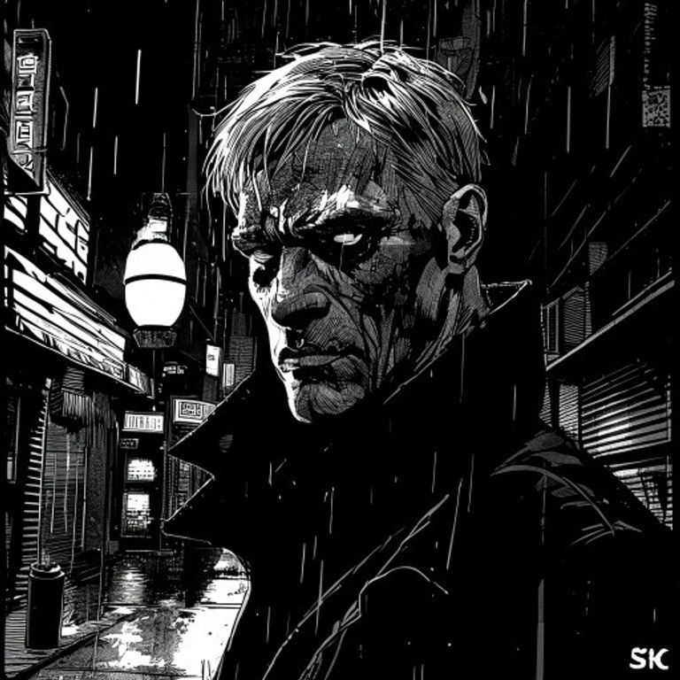 Re-render as a Sin City page: pure black and white silhouette, no halftones, no gray, occasional single-spot-color acce…
