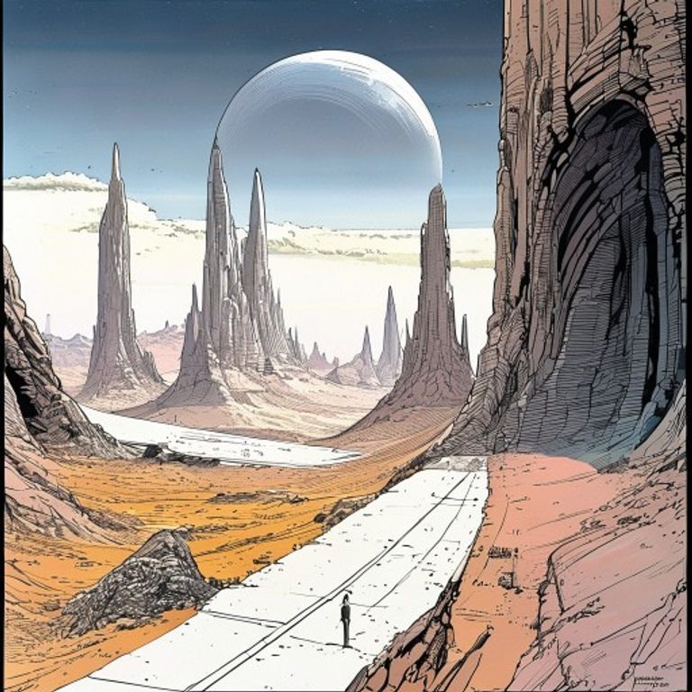 Re-render as a Jean Giraud Metal-Hurlant page: clean uniform contour line, flat watercolor wash, surreal desert archite…