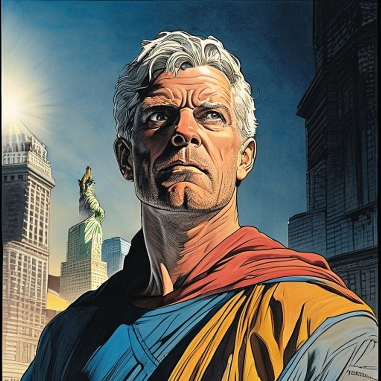 Re-render as an Alex Ross gouache-painted hero portrait: classical realism, low-angle dignified pose, Norman-Rockwell-m…