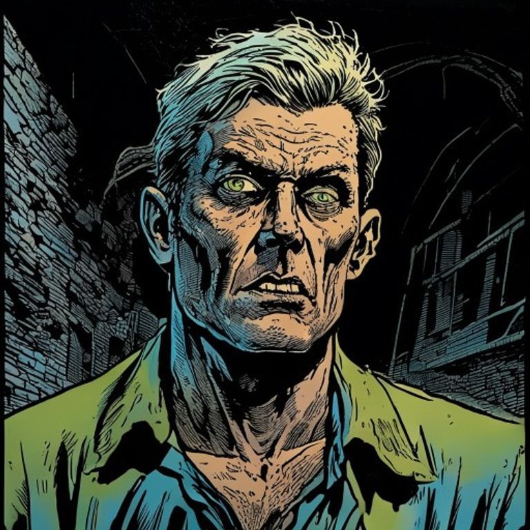 Re-render as a Tales-from-the-Crypt splash: pre-Comics-Code rendered ink, four-color newsprint, Ingels-style sweaty cor…