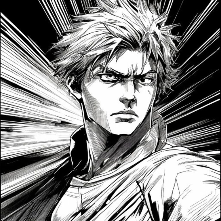 Re-render as manga: dramatic screentone patterns, velocity lines suggesting motion, pen-and-brush linework, tonal densi…