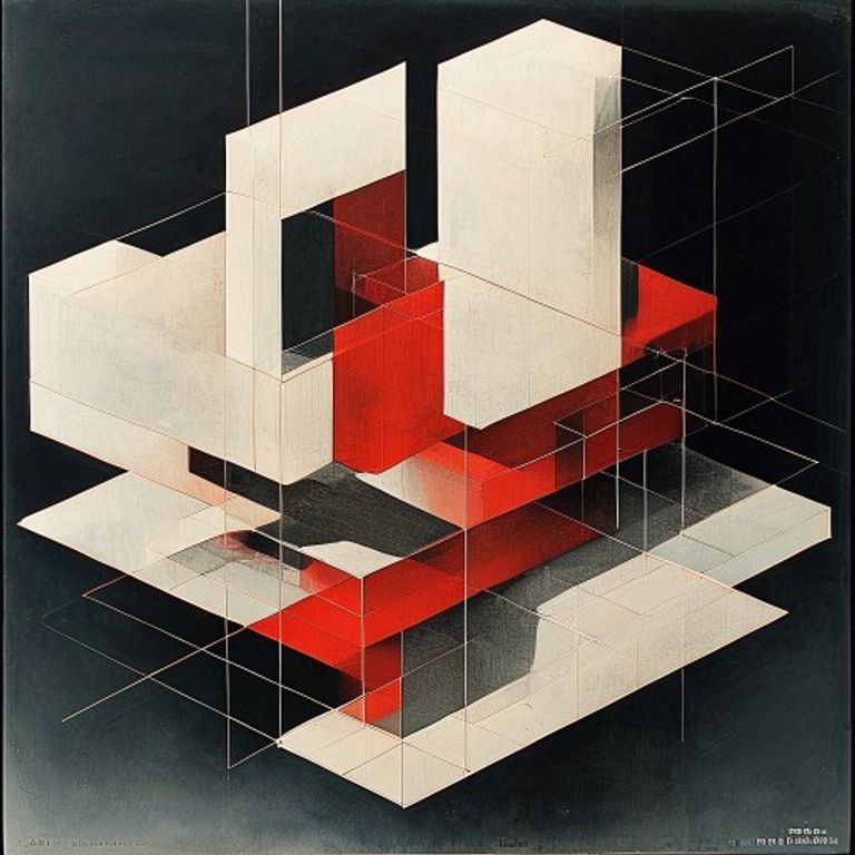 El Lissitzky's Proun mode circa 1920 to 1925, geometric architectural forms floating in axonometric space.