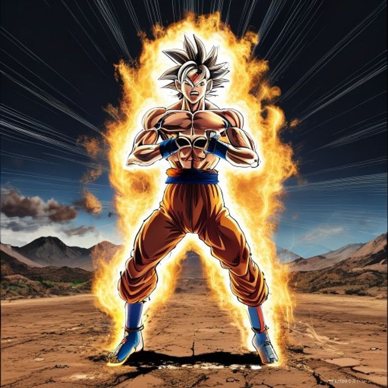 The signature Dragon Ball Z power-up frame. Vertical strain, hands cupped at side, aura erupting, ground cracking. The…