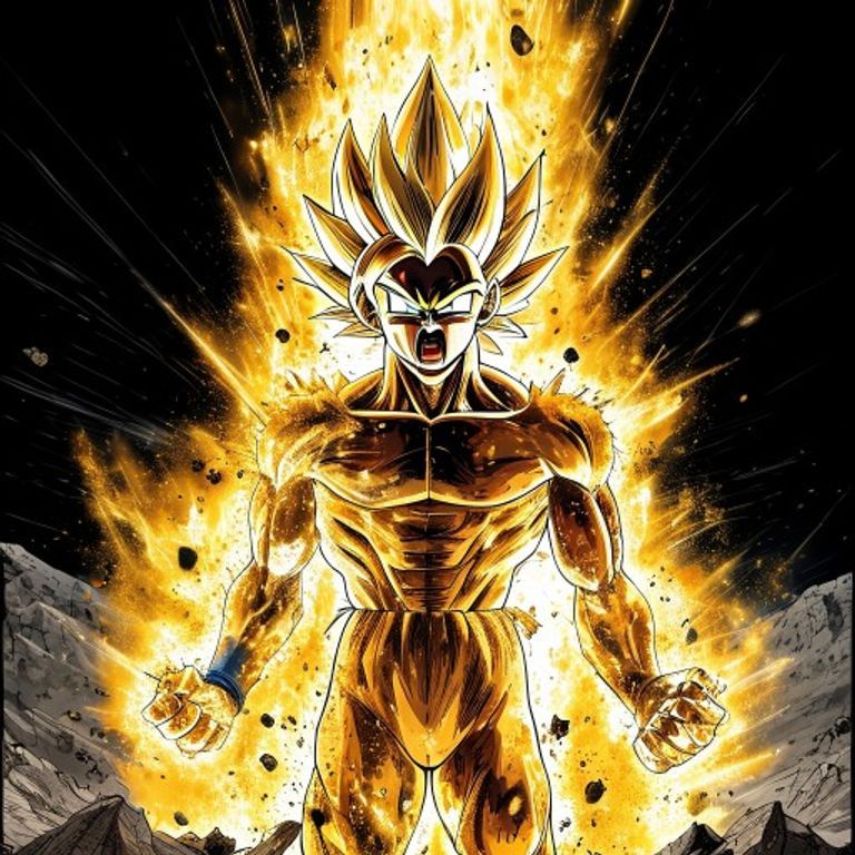The Goku-on-Namek transformation. Hair gold, eyes teal, aura erupting outward, ground destroyed. The breaking-point mom…